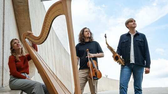 muziekgroep poseert. Harpist, altviolist en saxofonist.